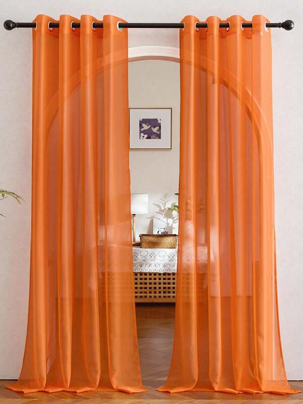 1pc Elegant Transparent Orange Organza Half-Sheer Rod Pocket Curtain, Modern Home Decor For Bedroom, Living Room, Kitchen, Bathroom, Multipurpose Room Decoration
