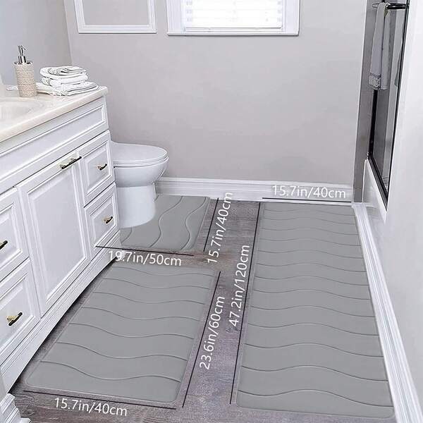 3 Piece Thick Foam Bathroom Rug Set, Long Runner Mat Bath Mat U-Shaped Toilet Mat, Absorbent Non Slip Machine Washable Comfort Wave Pattern Bath Floor Mats